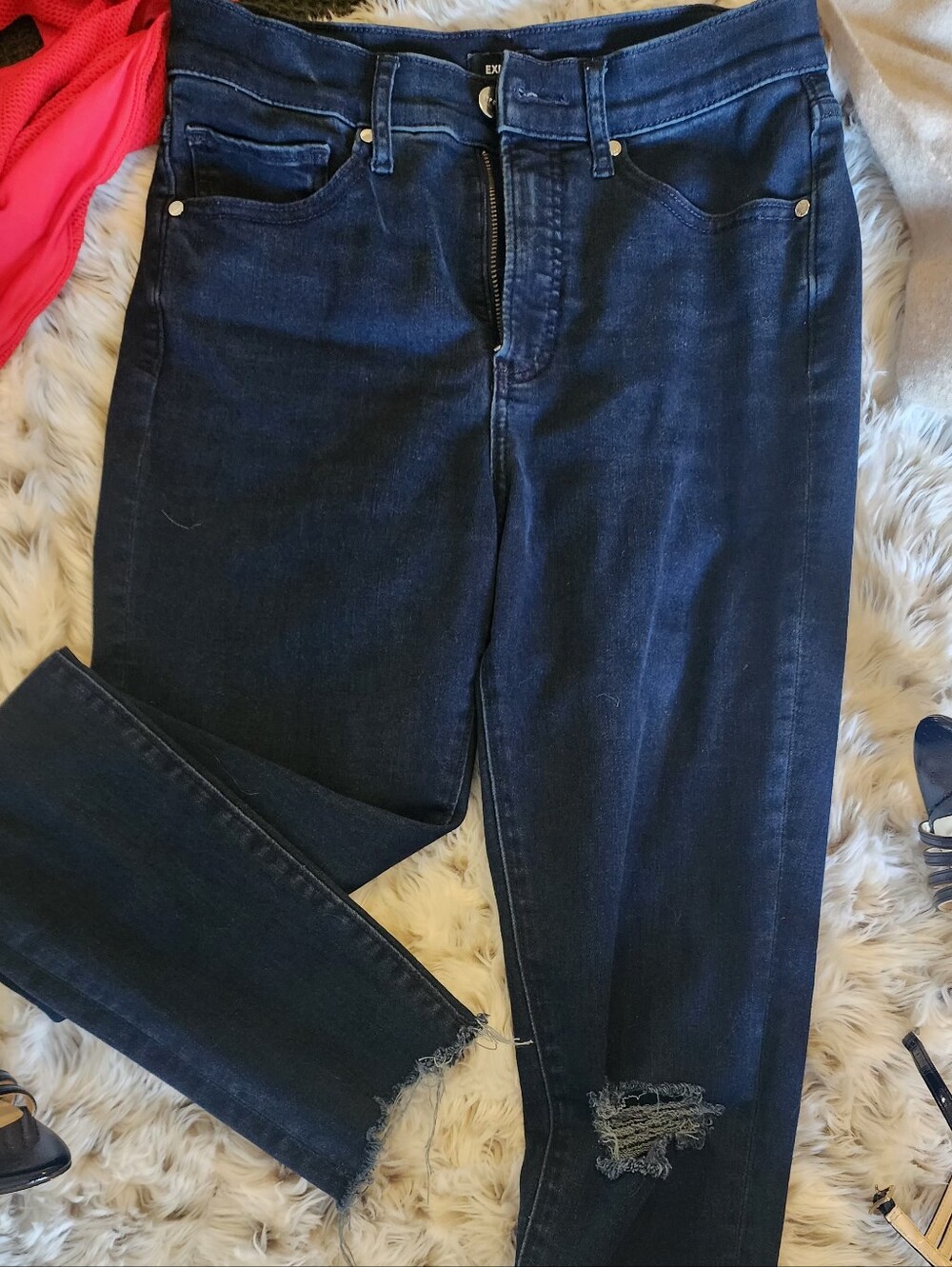 Express Dark Blue Ankle Crop Distressed High Rise Skinny Jeans
